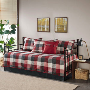 English Elm 6 Reversible Plaid Daybed Cover Set Red & Black Herringbone Quilt Twin Cabin Style Bedding Set B03597555