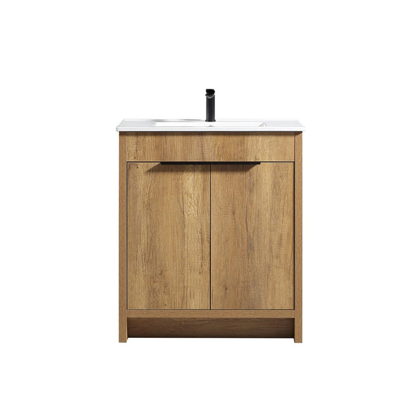 English Elm 30 Inch Floating Bathroom Vanity Fluted Wood Grain Front with Ceramic Integrated Sink W3520S00046