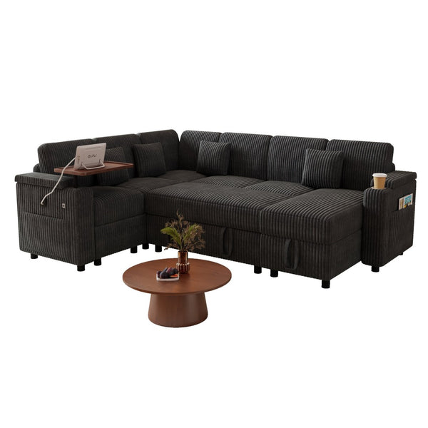 English Elm 100-inch Corduroy U-shaped Sectional Sleeper Sofa with Usb Port and Hidden Storage Dark Gray W2564S00135