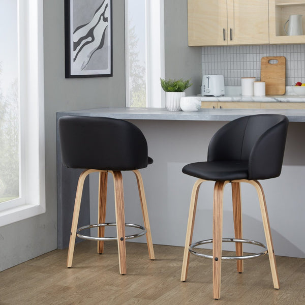 English Elm Fixed-height Swivel Barstools Zebra Wood Base Faux Leather Seat Chrome Footrest Pair B202S01771