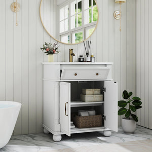 English Elm 27.8" Mid-century Freestanding Bathroom Vanity with Ceramic Sink Drawer and Wood Base White W1801S00006