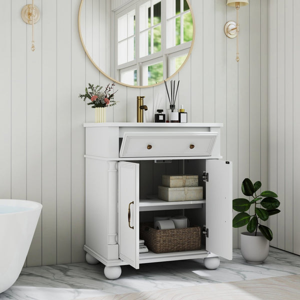 English Elm 27.8" Mid-century Freestanding Bathroom Vanity with Ceramic Sink Drawer and Wood Base White W1801S00006
