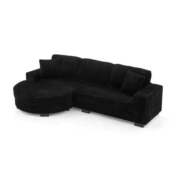 English Elm Corduroy Modular L-Shaped Convertible Sleeper Sofa With Tufted Design & Movable Footstool - Black W487S00346
