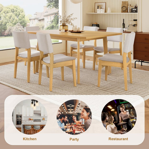 English Elm 7-piece Rectangular Rubberwood Dining Set with Six Linen Upholstered Stackable Chairs Natural N752S000018N