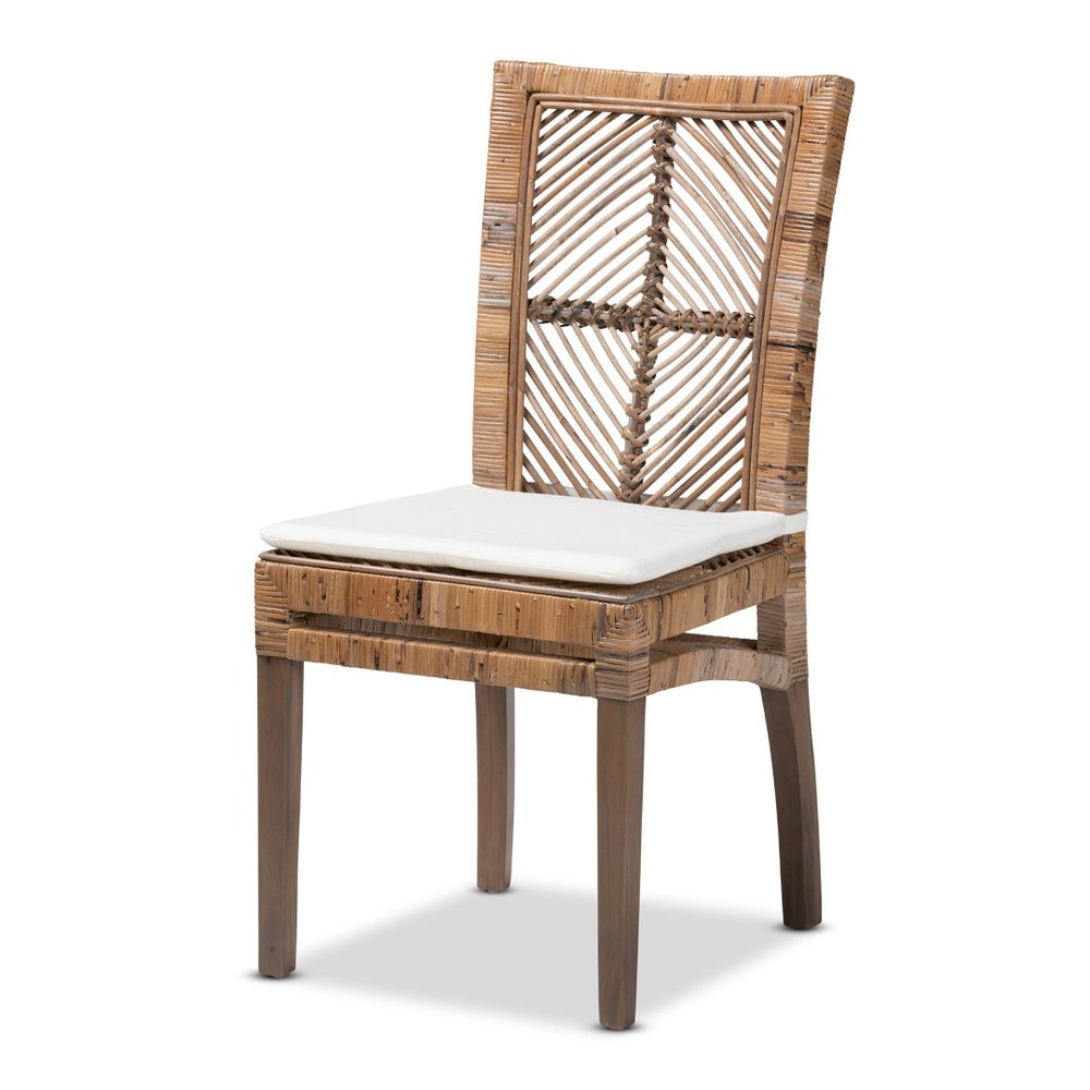 Baxton Studio bali Laluna Modern Bohemian Dining Chair – Greywashed Rattan & Mahogany with Comfortable Cushion Laluna-Grey Natural Rattan-DC