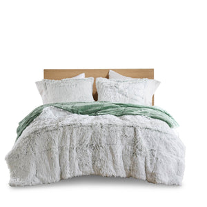 English Elm 3 Pcs King/Cal King Shaggy Faux Fur Comforter Mini Set - Luxurious Green/White Cozy Bedding Ensemble B035P319585