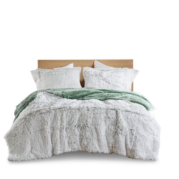 English Elm 3 Pcs King/Cal King Shaggy Faux Fur Comforter Mini Set - Luxurious Green/White Cozy Bedding Ensemble B035P319585