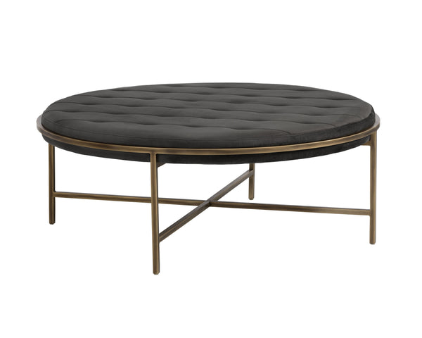 Sunpan Ethel Ottoman - Stylish Round Coffee Table with Durable Performance Fabric and Rustic Bronze Frame Piccolo Pebble