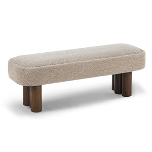 English Elm Indoor Boucle Upholstered Bench with Walnut Legs Textured Khaki Dining Seating N779P390675K