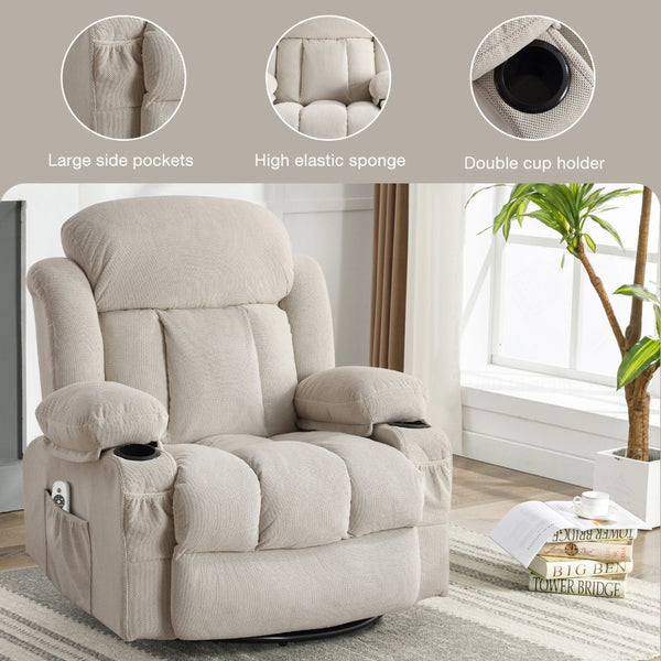 English Elm Swinging Velvet Recliner Chair with Massage Heat Usb Port and 360 Swivel Lounge Seat Beige W1807P298192
