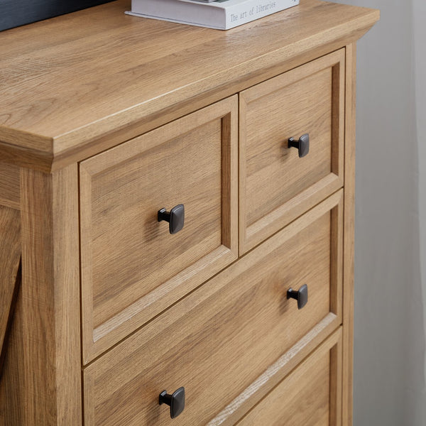 English Elm 6 Drawer Dresser Oak Finish Tall Chest with Silent Metal Rails, Modern Handles, Spacious Storage W2275P206605