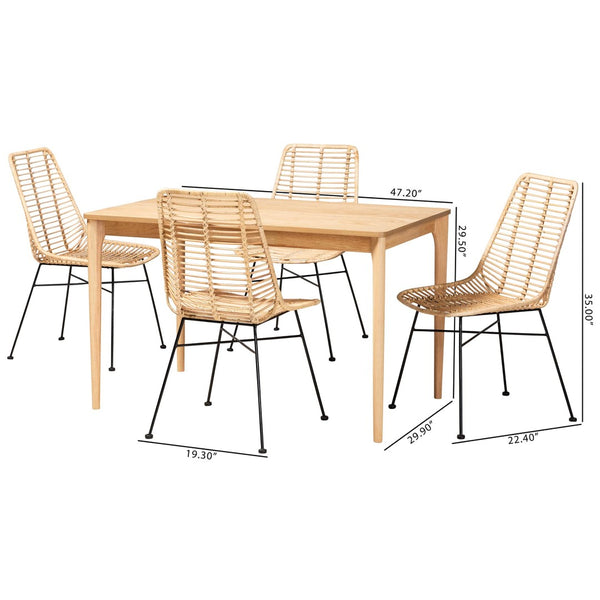 Baxton Studio Baxton Studio Modern Bohemian 5-Piece Dining Set with Rattan Chairs & Oak-Finished Table Design KYG001C-Natural-5PC Dining Set