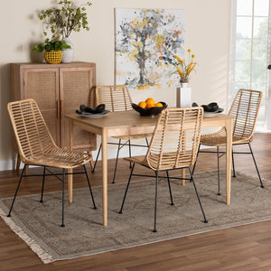 Baxton Studio Baxton Studio Modern Bohemian 5-Piece Dining Set with Rattan Chairs & Oak-Finished Table Design KYG001C-Natural-5PC Dining Set