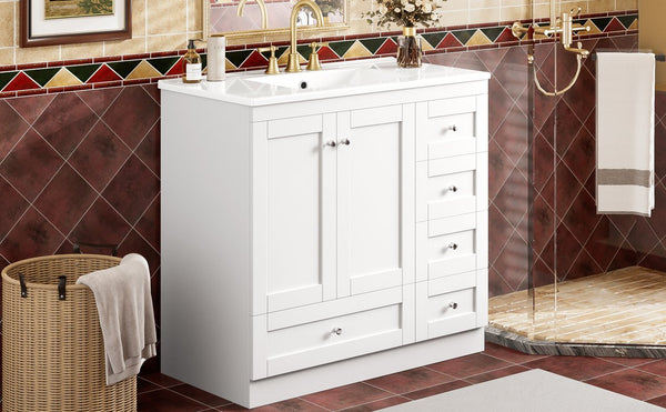 English Elm 36 36" Modern Shaker Bathroom Vanity with Ceramic Sink, Soft-Close Drawers & Doors, Durable Handles White N729P288872K