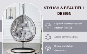 English Elm 76.8-inch Hand Woven Rattan Egg Swing Chair Indoor Outdoor with Cushion Lumbar Pillow Gray W1512P498595
