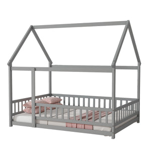 English Elm Full Size House Bed Frame With Roof, Safety Guardrails, Grey Finish - Perfect For Kids' Room Fun! W504P286407