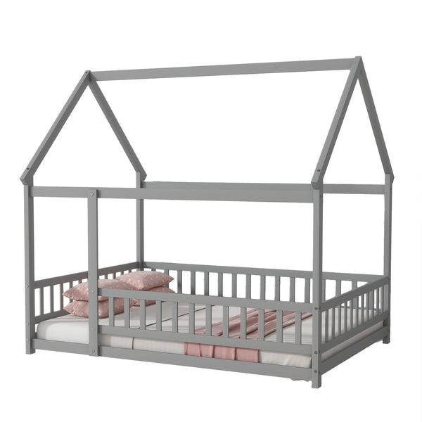 English Elm Full Size House Bed Frame With Roof, Safety Guardrails, Grey Finish - Perfect For Kids' Room Fun! W504P286407