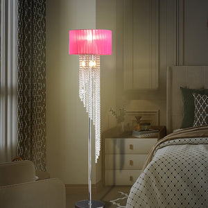 English Elm 65.75"H Sheer White Drum Shade Floor Lamp with Cascade Crystal Raindrops, Chrome Metal Elegance for Living Room Multicolor B072P220161