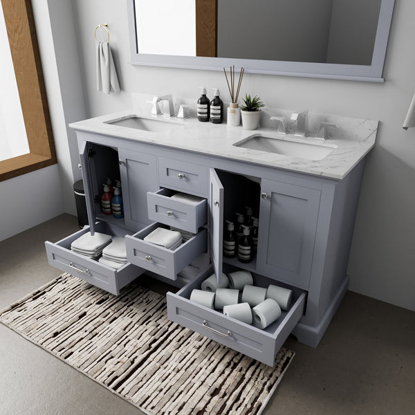 English Elm Dark Grey Double Bath Vanity 60 in W x 22 in D with Carrara Marble Top, Soft-Close Drawers & Faucet Set B2731P258375