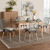 Baxton Studio Sabelle Modern Bohemian Finished Wood and Rattan Dining Set Light Blue/Natural Brown/White/Black KYG002C-Natural Oak/Blue-5PC Dining Set