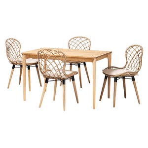 Baxton Studio Baxton Studio Sabelle 5-Piece Modern Bohemian Dining Set with Greywashed Wood & Rattan Chairs KYG002C-Natural Oak/Light Grey-5PC Dining Set