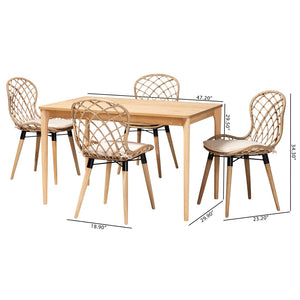 Baxton Studio Baxton Studio Sabelle 5-Piece Modern Bohemian Dining Set with Greywashed Wood & Rattan Chairs KYG002C-Natural Oak/Light Grey-5PC Dining Set