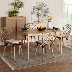 Baxton Studio Baxton Studio Sabelle 5-Piece Modern Bohemian Dining Set with Greywashed Wood & Rattan Chairs KYG002C-Natural Oak/Light Grey-5PC Dining Set