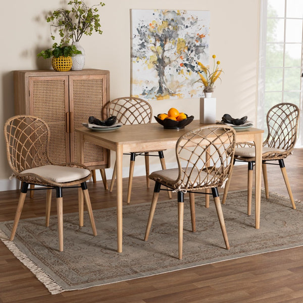 Baxton Studio Baxton Studio Sabelle 5-Piece Modern Bohemian Dining Set with Greywashed Wood & Rattan Chairs KYG002C-Natural Oak/Light Grey-5PC Dining Set