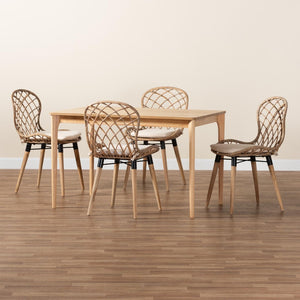 Baxton Studio Baxton Studio Sabelle 5-Piece Modern Bohemian Dining Set with Greywashed Wood & Rattan Chairs KYG002C-Natural Oak/Light Grey-5PC Dining Set