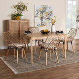 Baxton Studio Ballerina Modern Bohemian Finished Wood and Rattan Dining Set Greywash/Natural Brown/White KYG003C-Natural Oak/Light Grey-5PC Dining Set