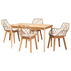 Baxton Studio Baxton Studio Ballerina 5-Piece Dining Set: Modern Bohemian Greywashed Rattan & Mahogany Elegance KYG004C-Natural Oak/Light Grey-5PC Dining Set