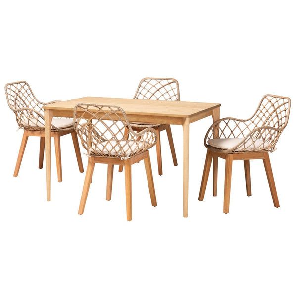 Baxton Studio Baxton Studio Ballerina 5-Piece Dining Set: Modern Bohemian Greywashed Rattan & Mahogany Elegance KYG004C-Natural Oak/Light Grey-5PC Dining Set