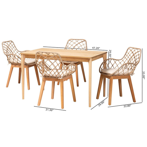 Baxton Studio Baxton Studio Ballerina 5-Piece Dining Set: Modern Bohemian Greywashed Rattan & Mahogany Elegance KYG004C-Natural Oak/Light Grey-5PC Dining Set