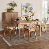 Baxton Studio Ballerina Modern Bohemian Finished Wood and Rattan Dining Set Greywash/Natural Brown/White KYG004C-Natural Oak/Light Grey-5PC Dining Set