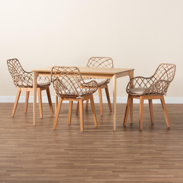 Baxton Studio Baxton Studio Ballerina 5-Piece Dining Set: Modern Bohemian Greywashed Rattan & Mahogany Elegance KYG004C-Natural Oak/Light Grey-5PC Dining Set