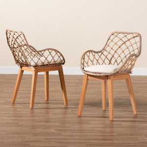 Baxton Studio bali Ballerina Modern Bohemian 2-Piece Dining Chair Set in Greywashed Wood & Natural Rattan Design Balerina2-Light Grey Rattan-DC