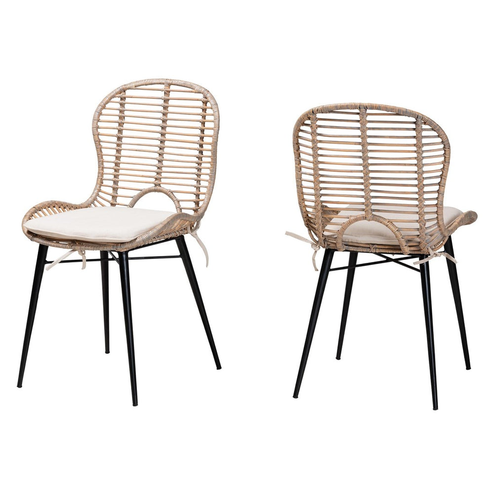 Baxton Studio bali Bali Brenna Modern Bohemian Dining Chair Set - 2 Greywashed Rattan & Metal Chairs for Stylish Dining Bianca-Light Grey Rattan-DC