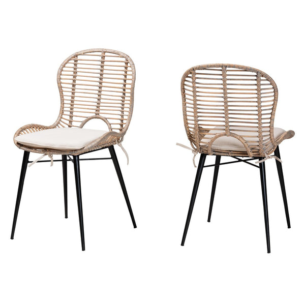 Baxton Studio bali Bali Brenna Modern Bohemian Dining Chair Set - 2 Greywashed Rattan & Metal Chairs for Stylish Dining Bianca-Light Grey Rattan-DC