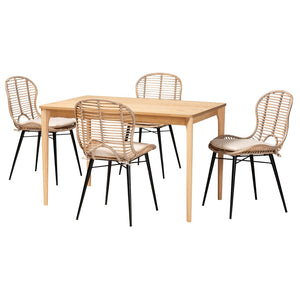 Baxton Studio Baxton Studio Brenna 5-Piece Dining Set - Modern Bohemian Rattan & Wood with Removable Cushions KYG005C-Natural Oak/Light Grey-5PC Dining Set