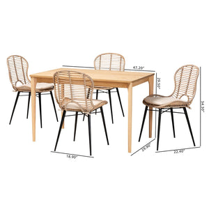 Baxton Studio Baxton Studio Brenna 5-Piece Dining Set - Modern Bohemian Rattan & Wood with Removable Cushions KYG005C-Natural Oak/Light Grey-5PC Dining Set