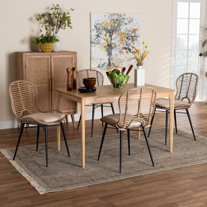 Baxton Studio Baxton Studio Brenna 5-Piece Dining Set - Modern Bohemian Rattan & Wood with Removable Cushions KYG005C-Natural Oak/Light Grey-5PC Dining Set