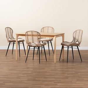Baxton Studio Baxton Studio Brenna 5-Piece Dining Set - Modern Bohemian Rattan & Wood with Removable Cushions KYG005C-Natural Oak/Light Grey-5PC Dining Set