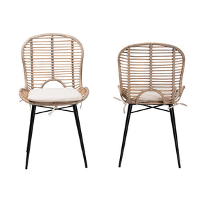 Baxton Studio bali Bali Brenna Modern Bohemian Dining Chair Set - 2 Greywashed Rattan & Metal Chairs for Stylish Dining Bianca-Light Grey Rattan-DC