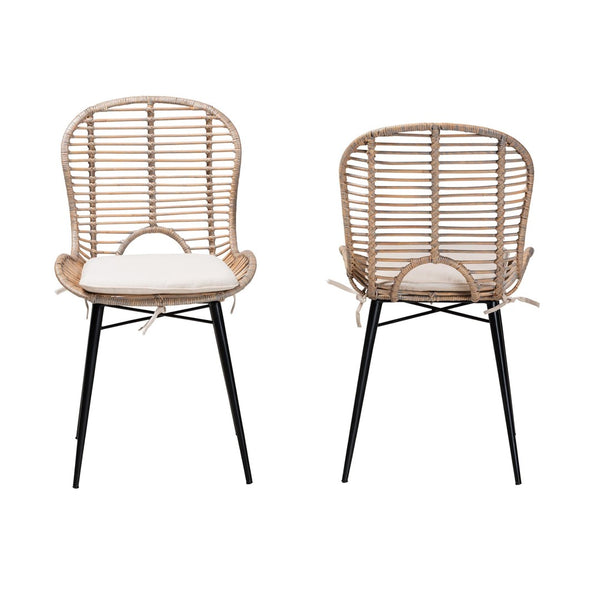 Baxton Studio bali Bali Brenna Modern Bohemian Dining Chair Set - 2 Greywashed Rattan & Metal Chairs for Stylish Dining Bianca-Light Grey Rattan-DC