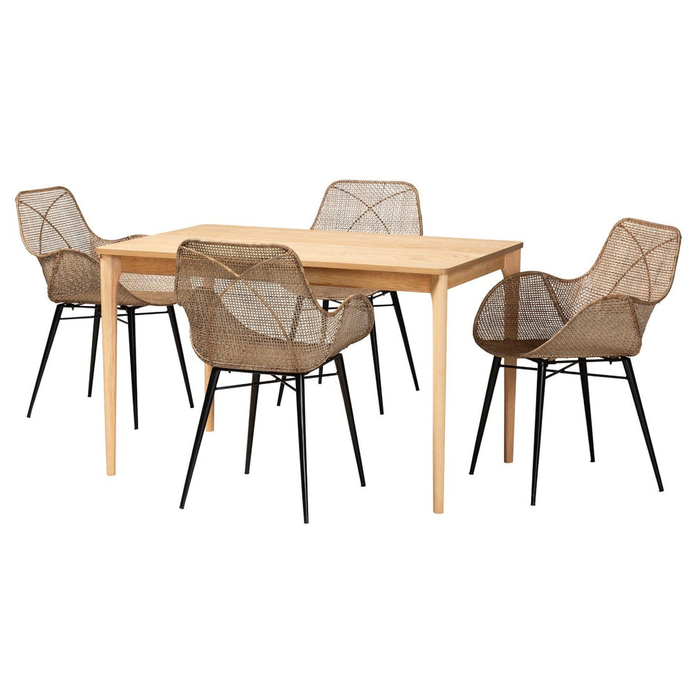 Baxton Studio Baxton Studio Ballerina 5-Piece Dining Set: Modern Bohemian Rattan & Metal for Stylish Gatherings KYG006C-Natural Oak/Light Grey-5PC Dining Set