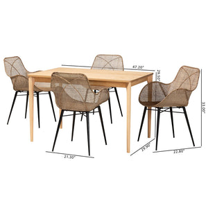Baxton Studio Baxton Studio Ballerina 5-Piece Dining Set: Modern Bohemian Rattan & Metal for Stylish Gatherings KYG006C-Natural Oak/Light Grey-5PC Dining Set