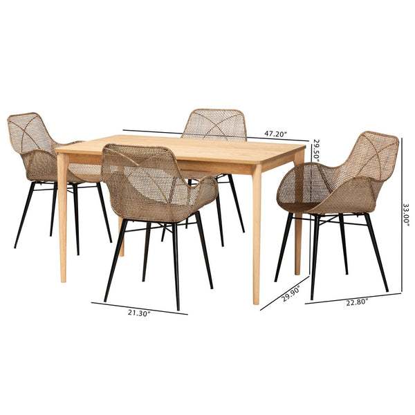 Baxton Studio Baxton Studio Ballerina 5-Piece Dining Set: Modern Bohemian Rattan & Metal for Stylish Gatherings KYG006C-Natural Oak/Light Grey-5PC Dining Set