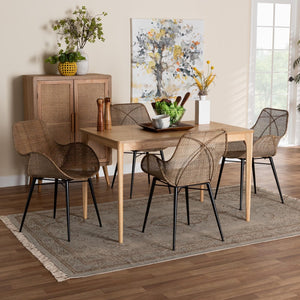Baxton Studio Baxton Studio Ballerina 5-Piece Dining Set: Modern Bohemian Rattan & Metal for Stylish Gatherings KYG006C-Natural Oak/Light Grey-5PC Dining Set