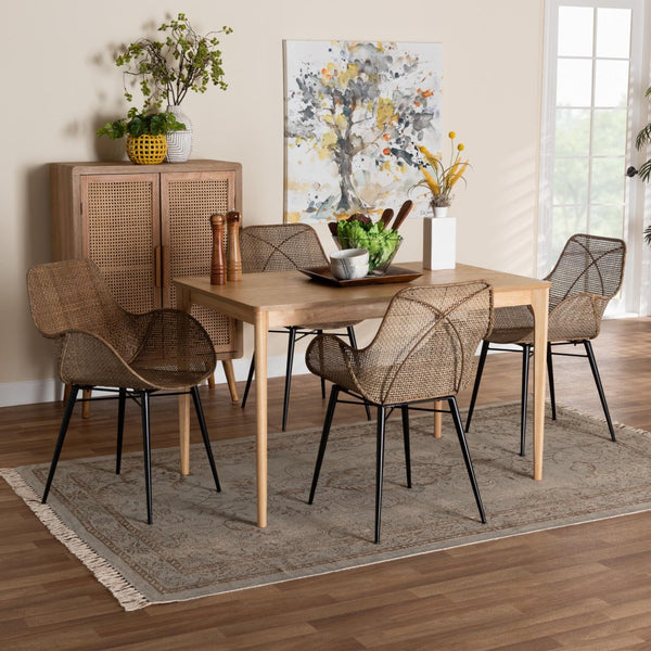 Baxton Studio Baxton Studio Ballerina 5-Piece Dining Set: Modern Bohemian Rattan & Metal for Stylish Gatherings KYG006C-Natural Oak/Light Grey-5PC Dining Set