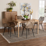 Baxton Studio Ballerina Modern Bohemian Greywashed Rattan and Black Metal 5-Piece Dining Set Greywash/Natural Brown/Black KYG006C-Natural Oak/Light Grey-5PC Dining Set